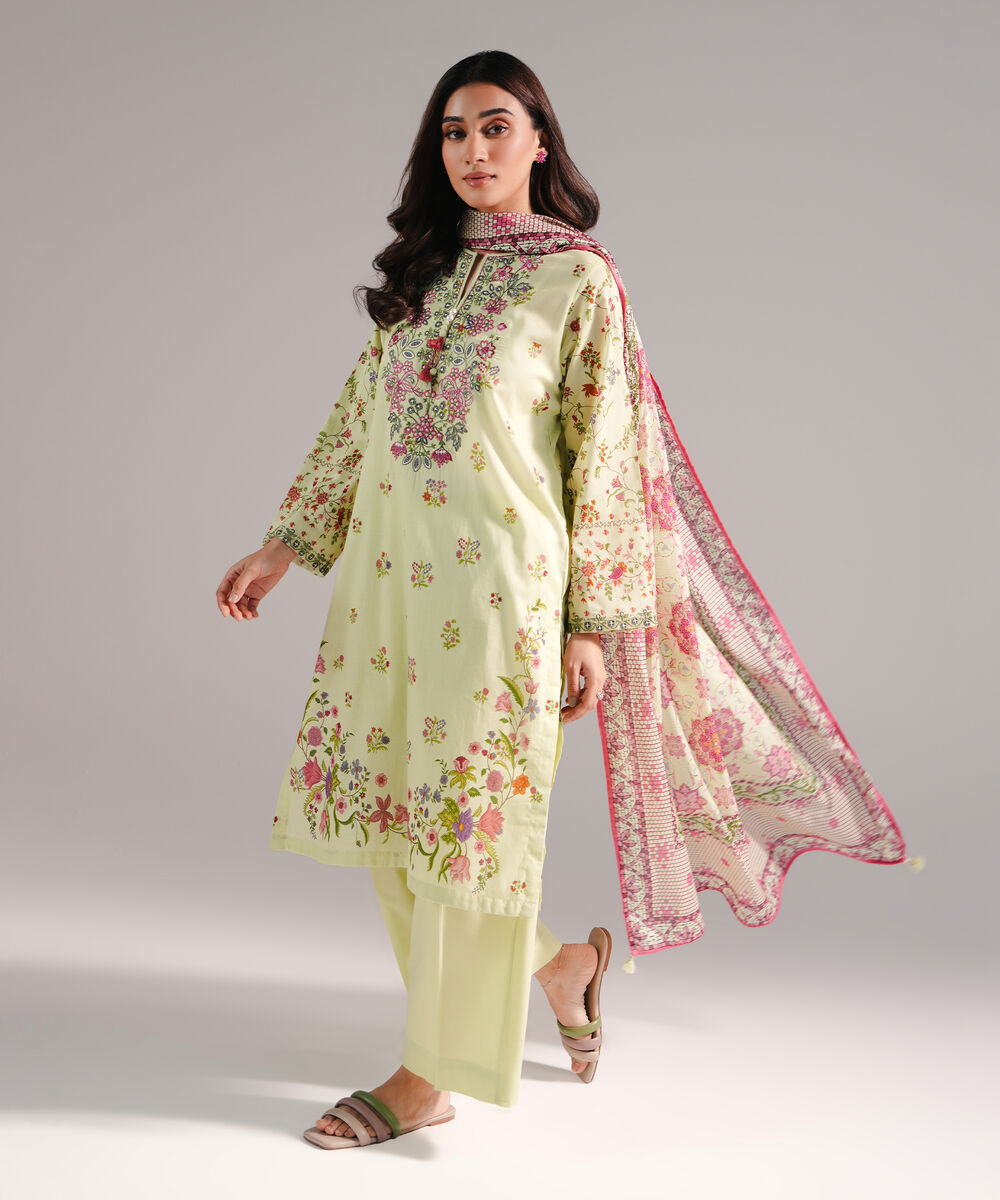 Women's RTW Lawn Printed Green 3 Piece Suit