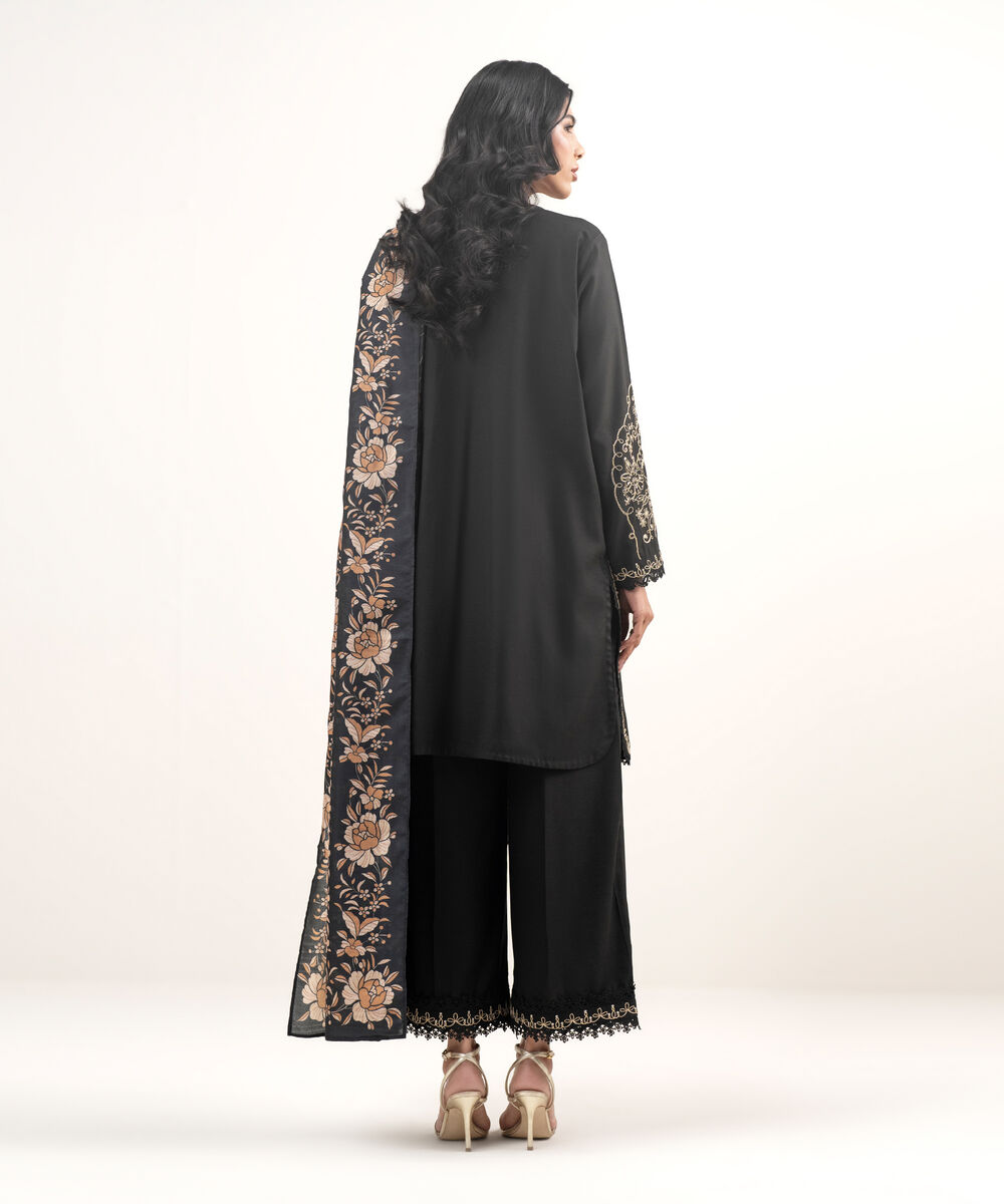 Women's RTW Cotton Viscose Embroidered Black 3 Piece Suit