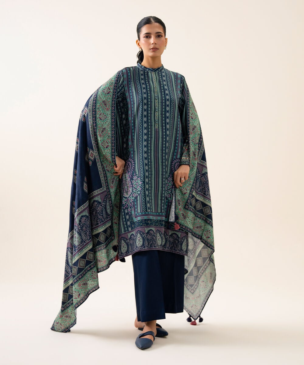 Women's Unstitched Viscose Linen Printed Dark Blue 3 Piece Suit