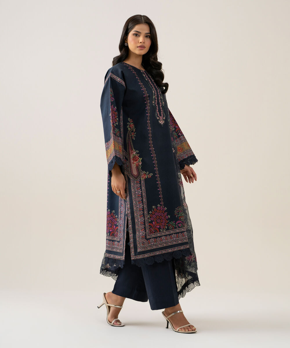 Women's Unstitched Blended Chiffon Printed Plum 3 Piece Suit