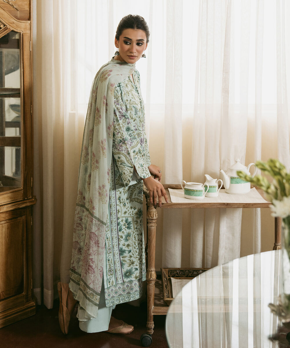 Women's Unstitched Lawn Printed Green 3 Piece Suit