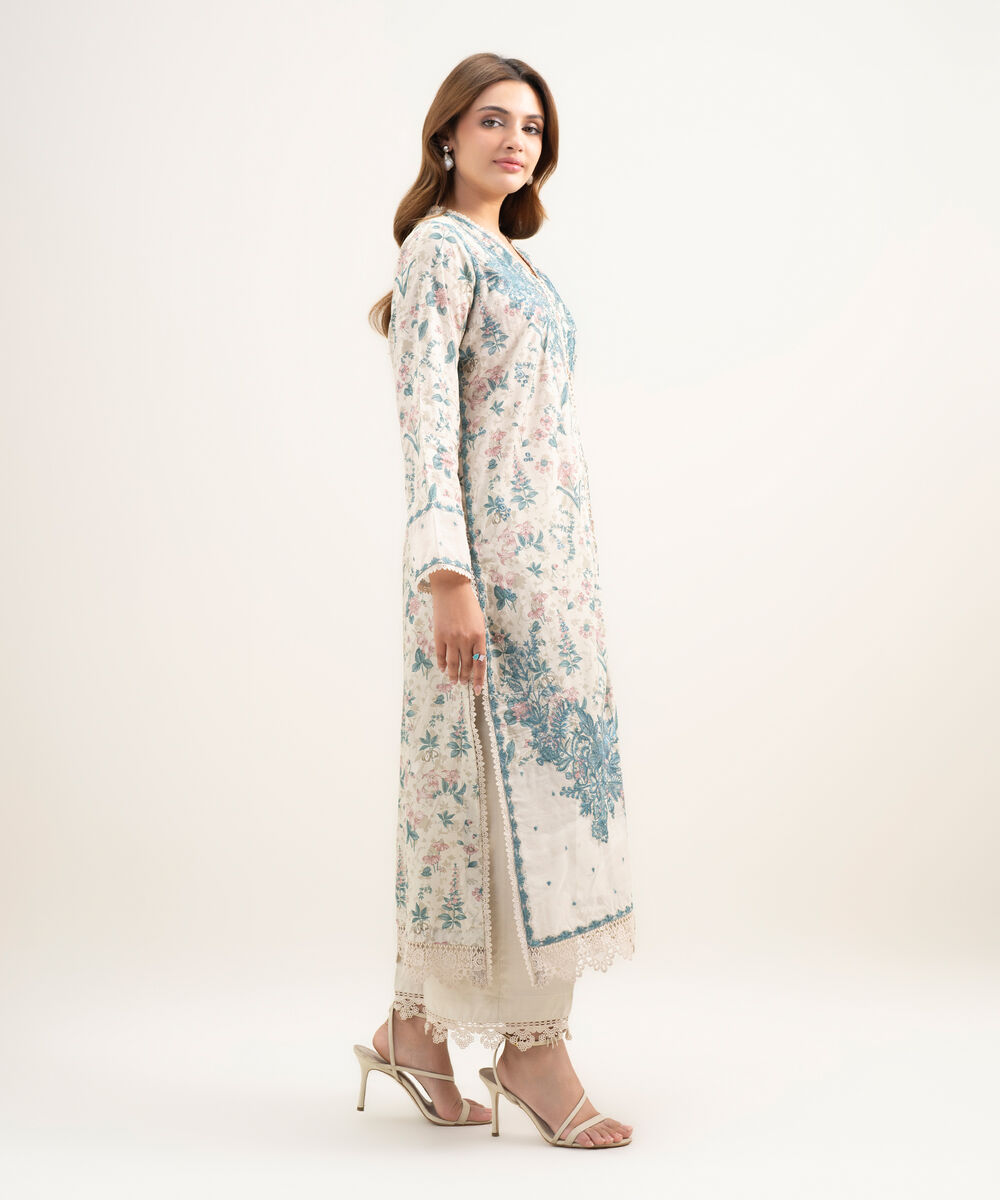 Women's RTW Lawn Embroidered Sand Green A-Line Shirt