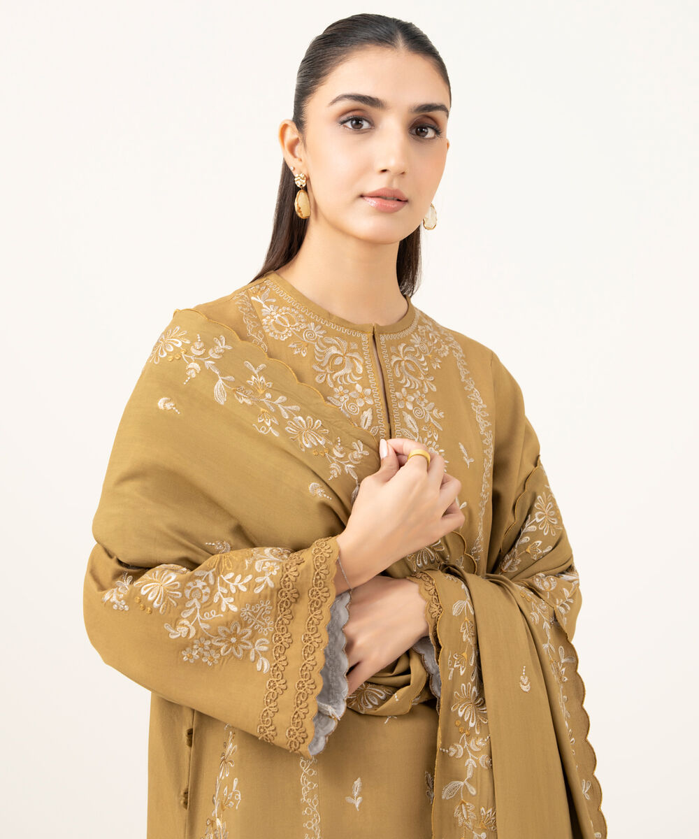 Women's Unstitched Embroidered Linen Dull Gold 3 Piece Suit