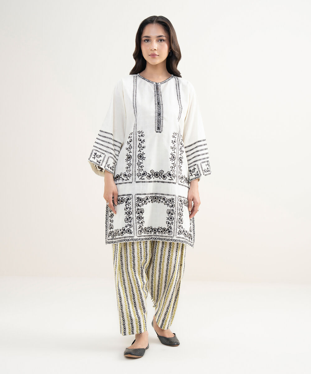 Women's RTW Dobby Embroidered White Boxy Shirt