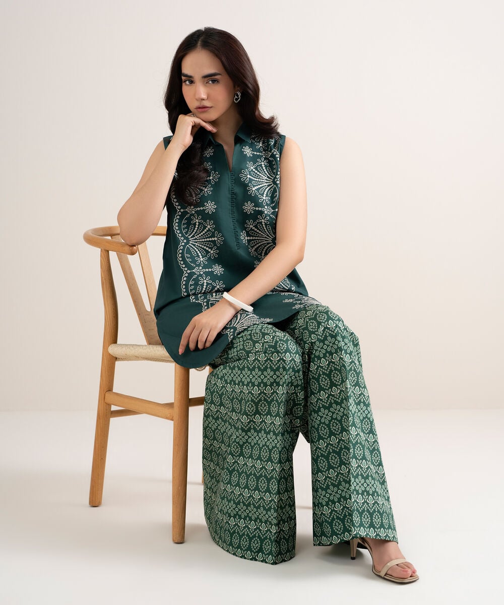 Women's Unstitched Cotton Embroidered Green 2 Piece Suit