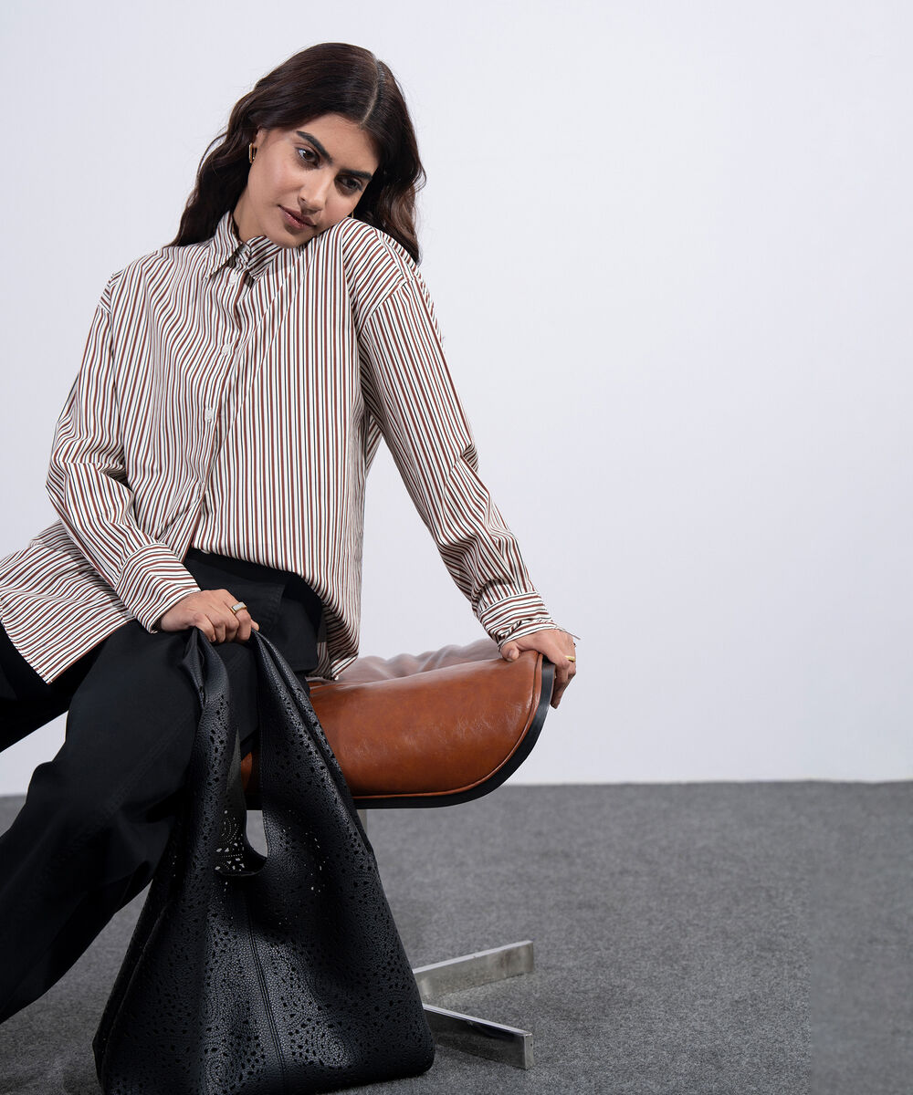 Women's Western Brown And White Standard-Fit Poplin Shirt