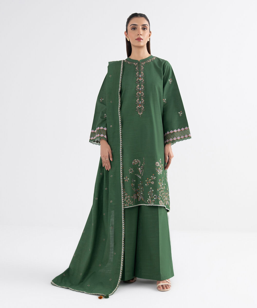 Women's Unstitched Cotton Embroidered Green 3 Piece Suit