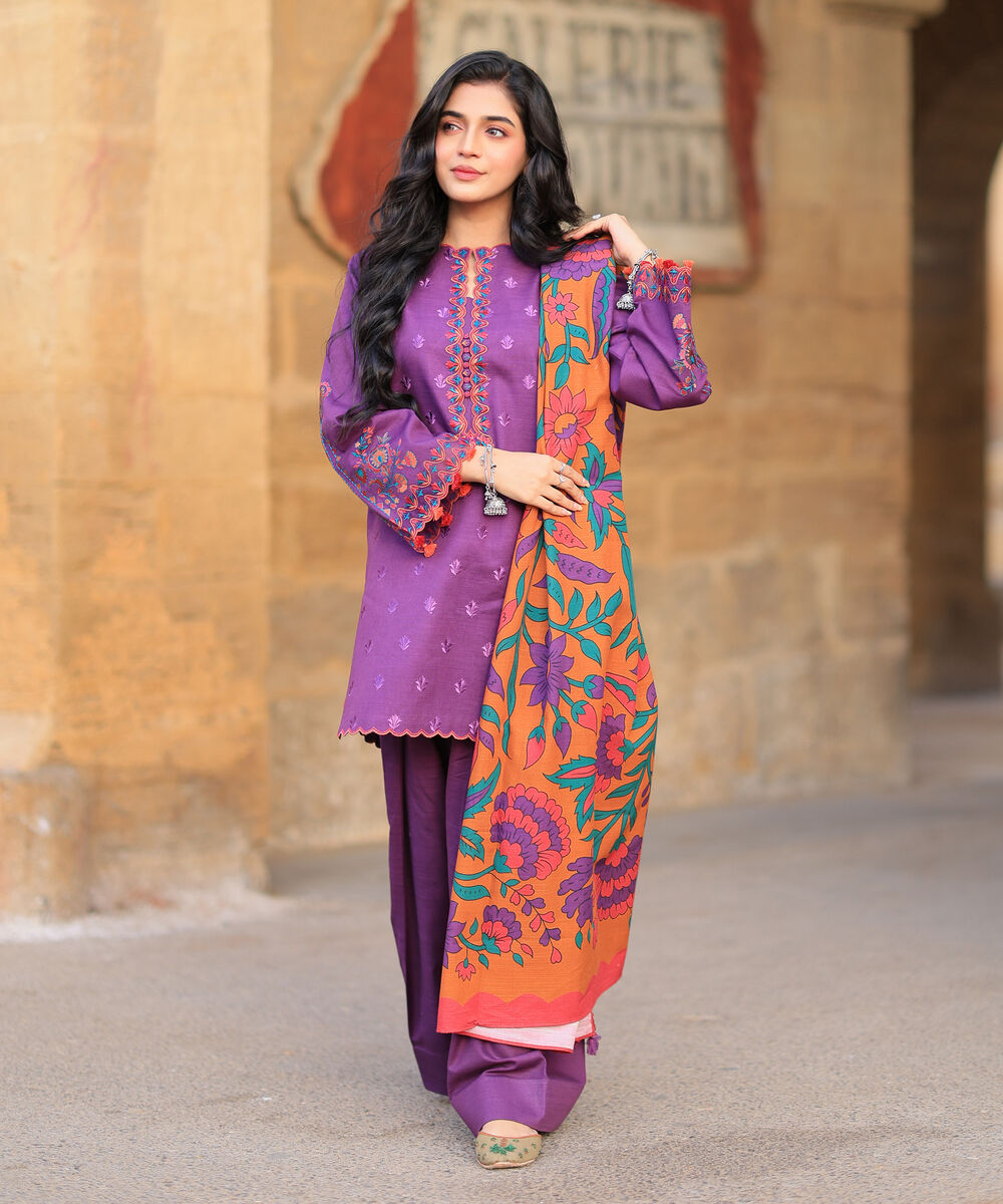 Women's Unstitched Premium Khaddar Embroidered Purple 3 Piece Suit