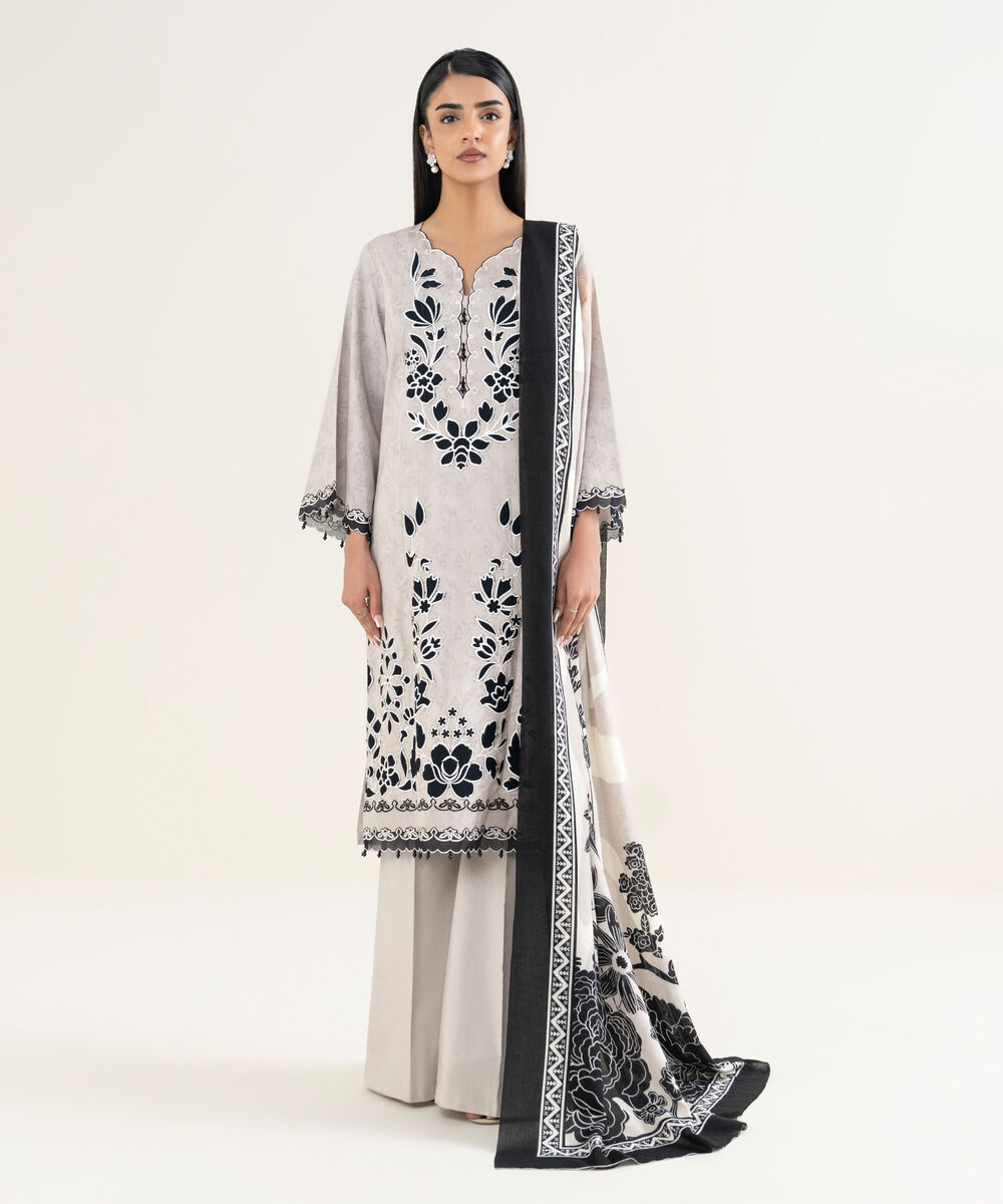 Women's Unstitched Embroidered Cotton Jacquard Light Gray 3 Piece Suit