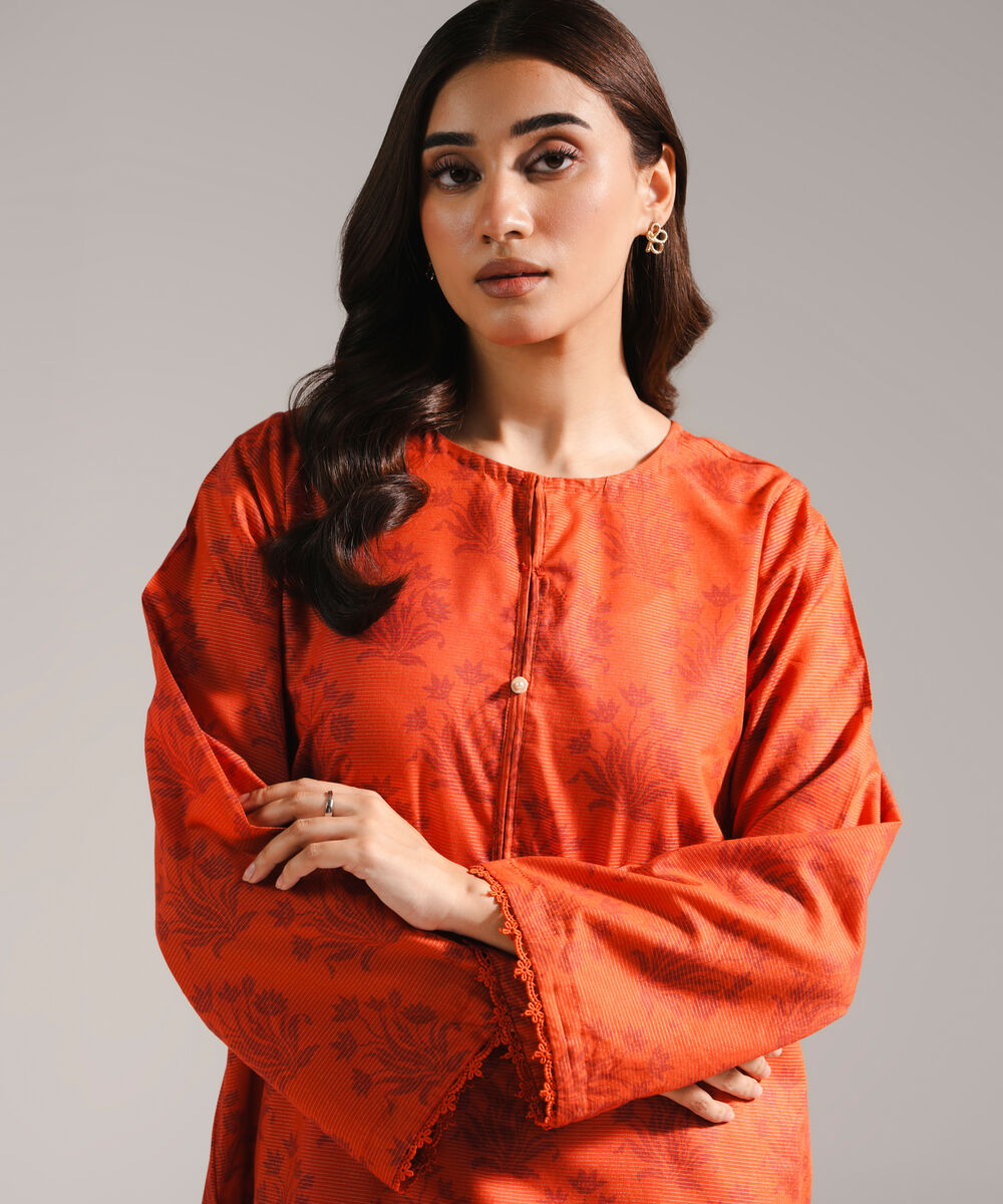 Women's RTW Zari Lawn Printed Orange 2 Piece Suit