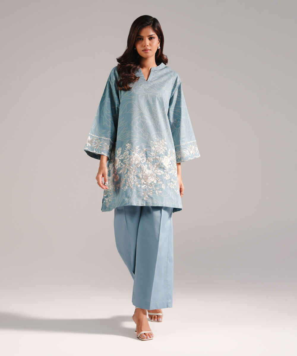 Women's RTW Dobby Embroidered Blue 2 Piece Suit