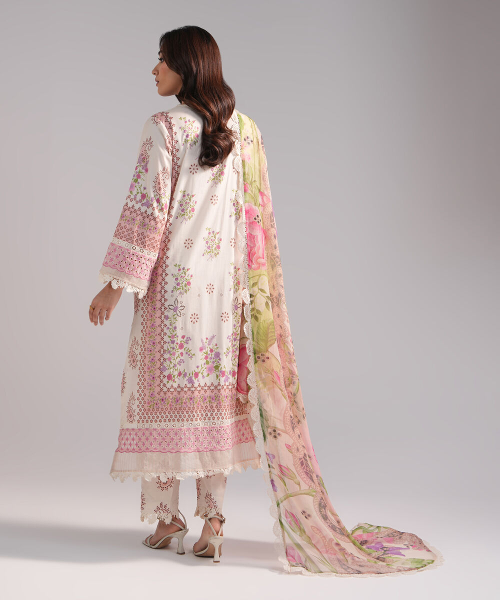 Women's RTW Lawn Embroidered Off White 3 Piece Suit