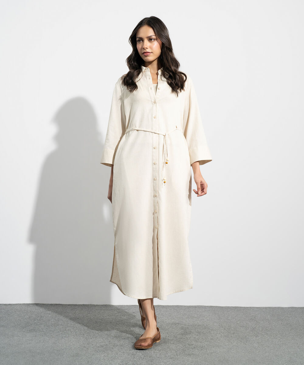 Women's Western Beige Linen Blend Dress With Waist Drawcord