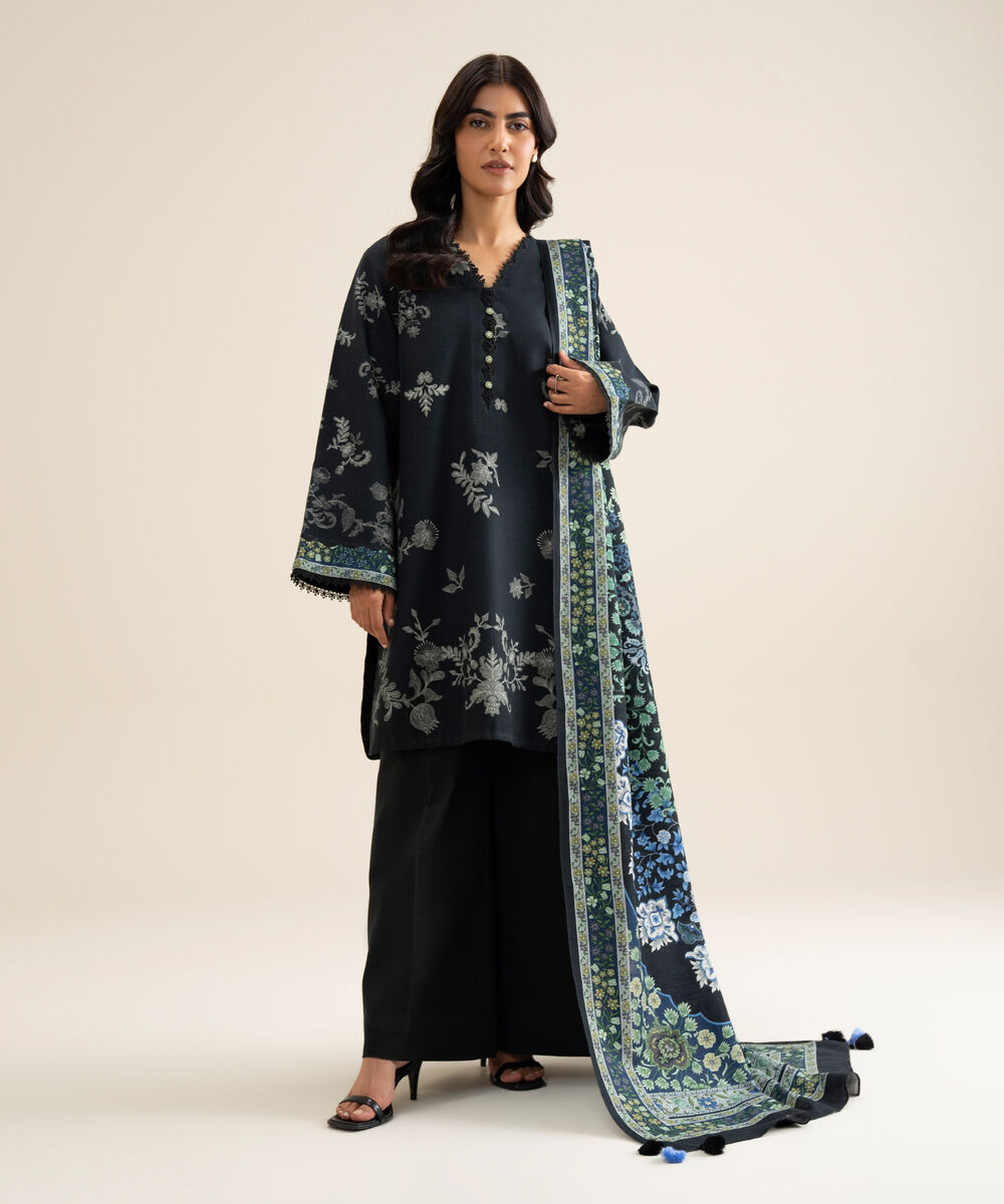 Women's Unstitched Premium Khaddar Printed Black 3 Piece Suit