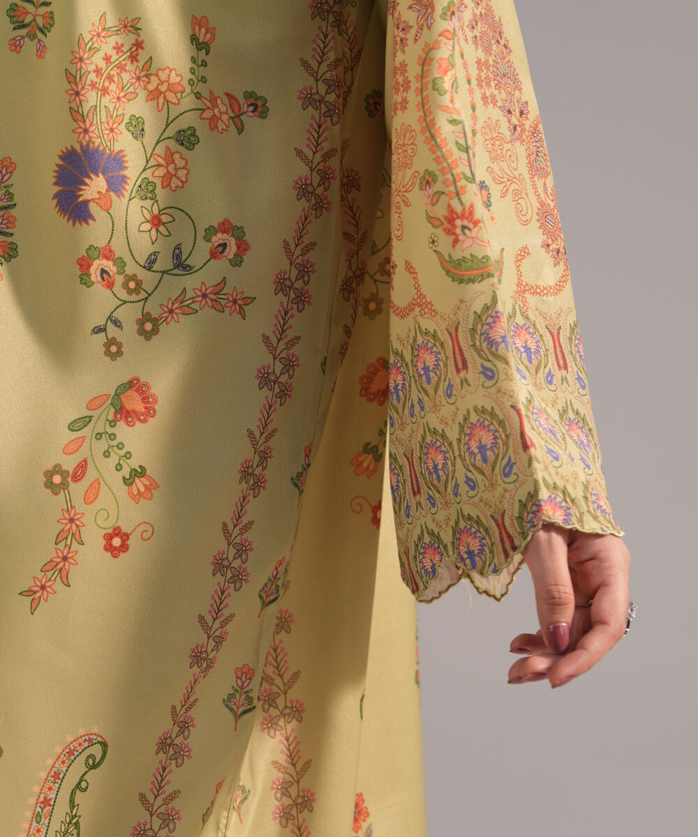 Women's RTW Blended Grip Silk Printed Green A-Line Shirt