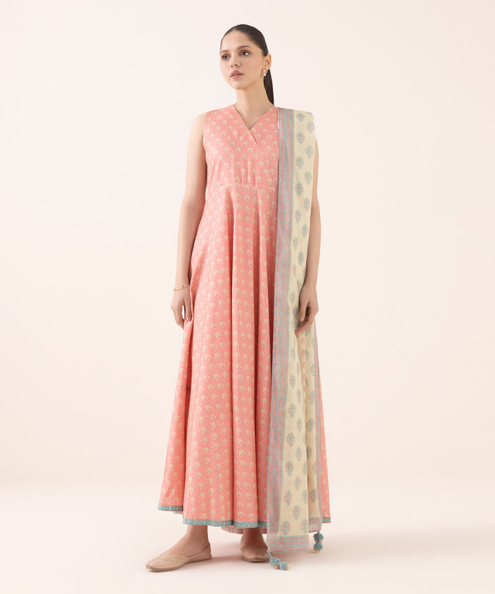 Women's Unstitched Arabic Lawn Printed Pink 3 Piece Suit