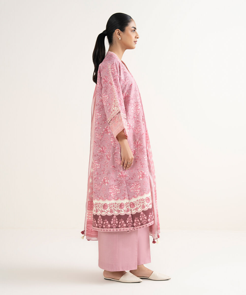 Women's Unstitched Cotton Printed Pink 3 Piece Suit
