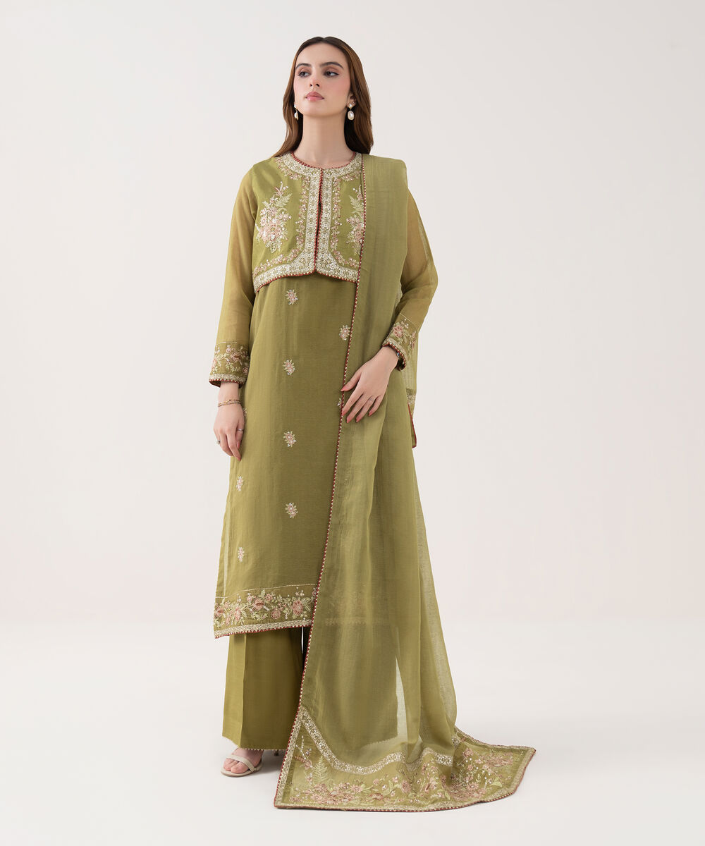 Women's RTW Blended Karandi Embroidered Olive Green 3 Piece Suit