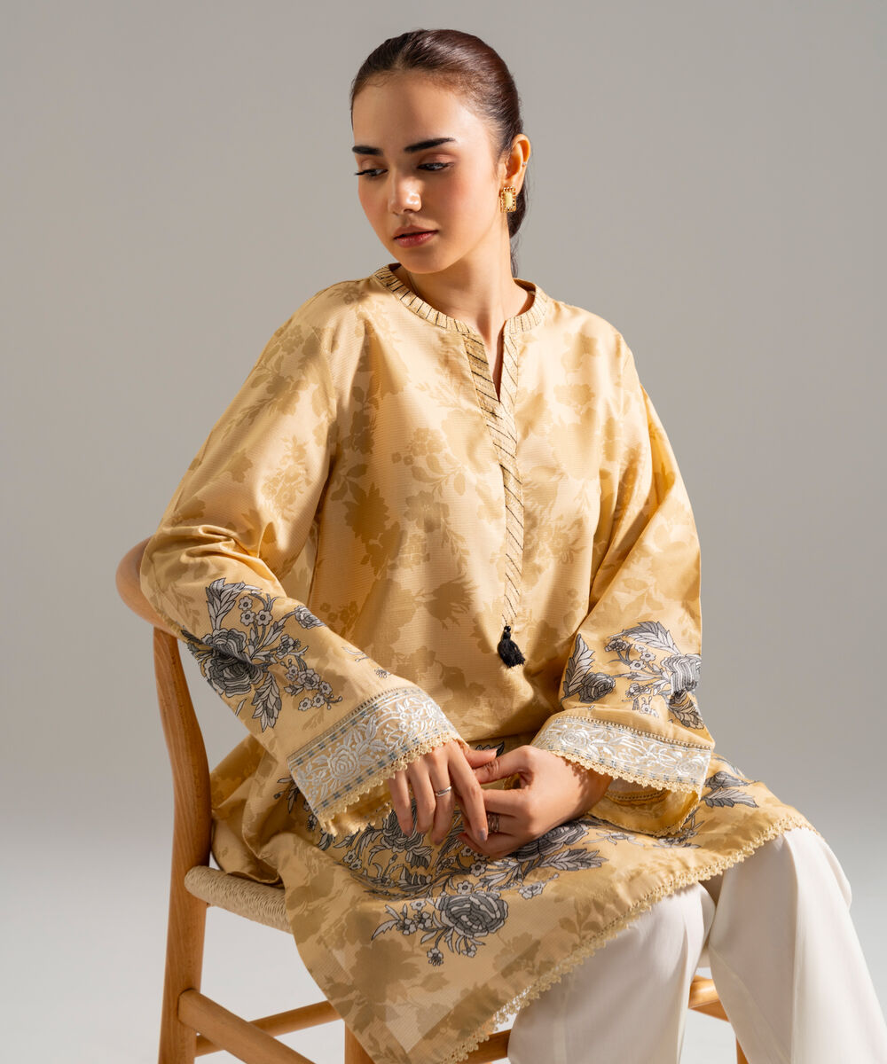 Women's RTW Zari Lawn Embroidered Beige Straight Shirt