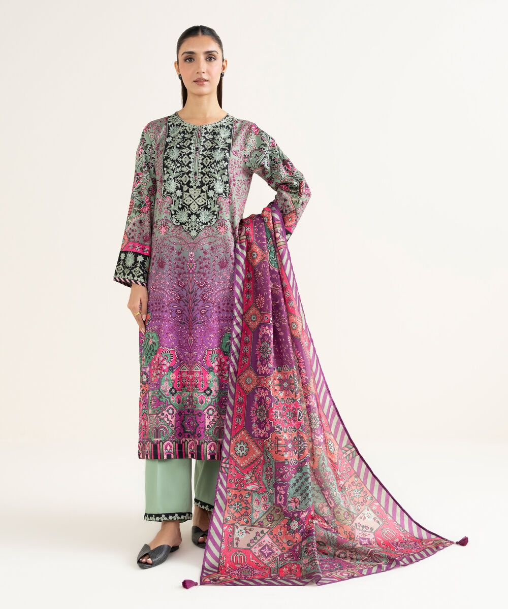 Women's RTW Linen Viscose Embroidered Green A-Line Shirt