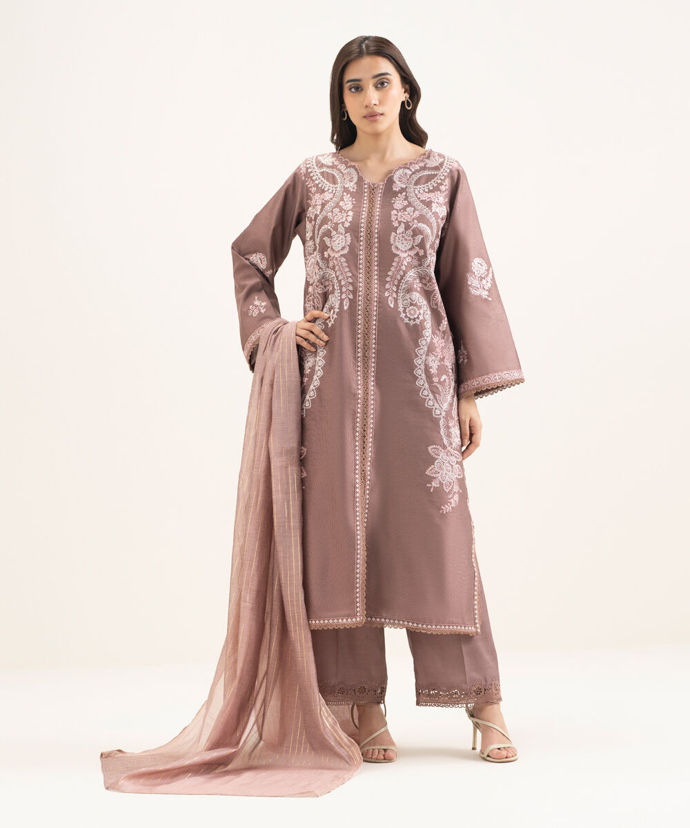 Women's RTW Silk Cotton Net Embroidered Mauve 3 Piece Suit