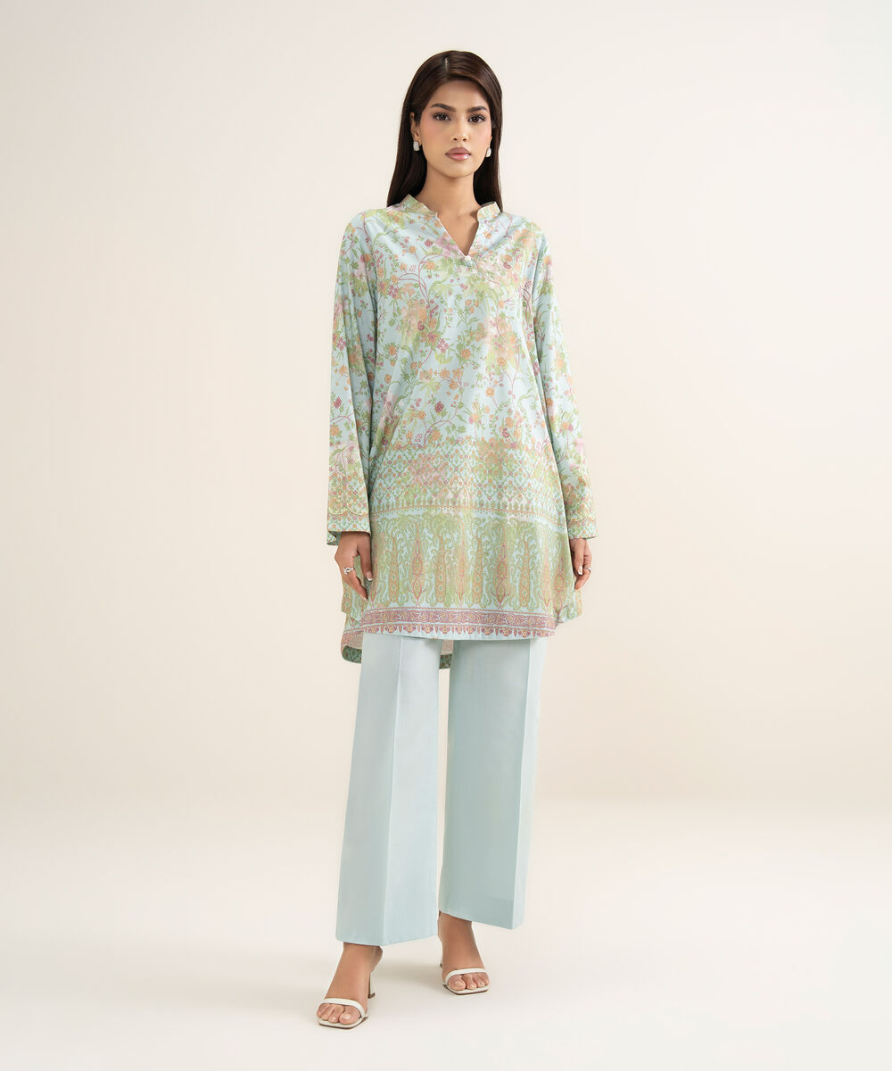 Women's RTW Cotton Viscose Printed Blue Straight Shirt