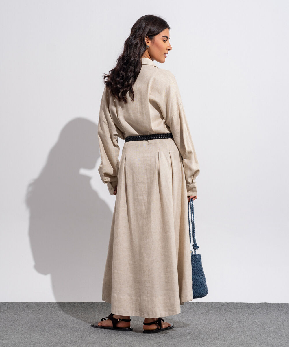 Women's Western Wear Beige Pleated Linen Blend Dress With Belt