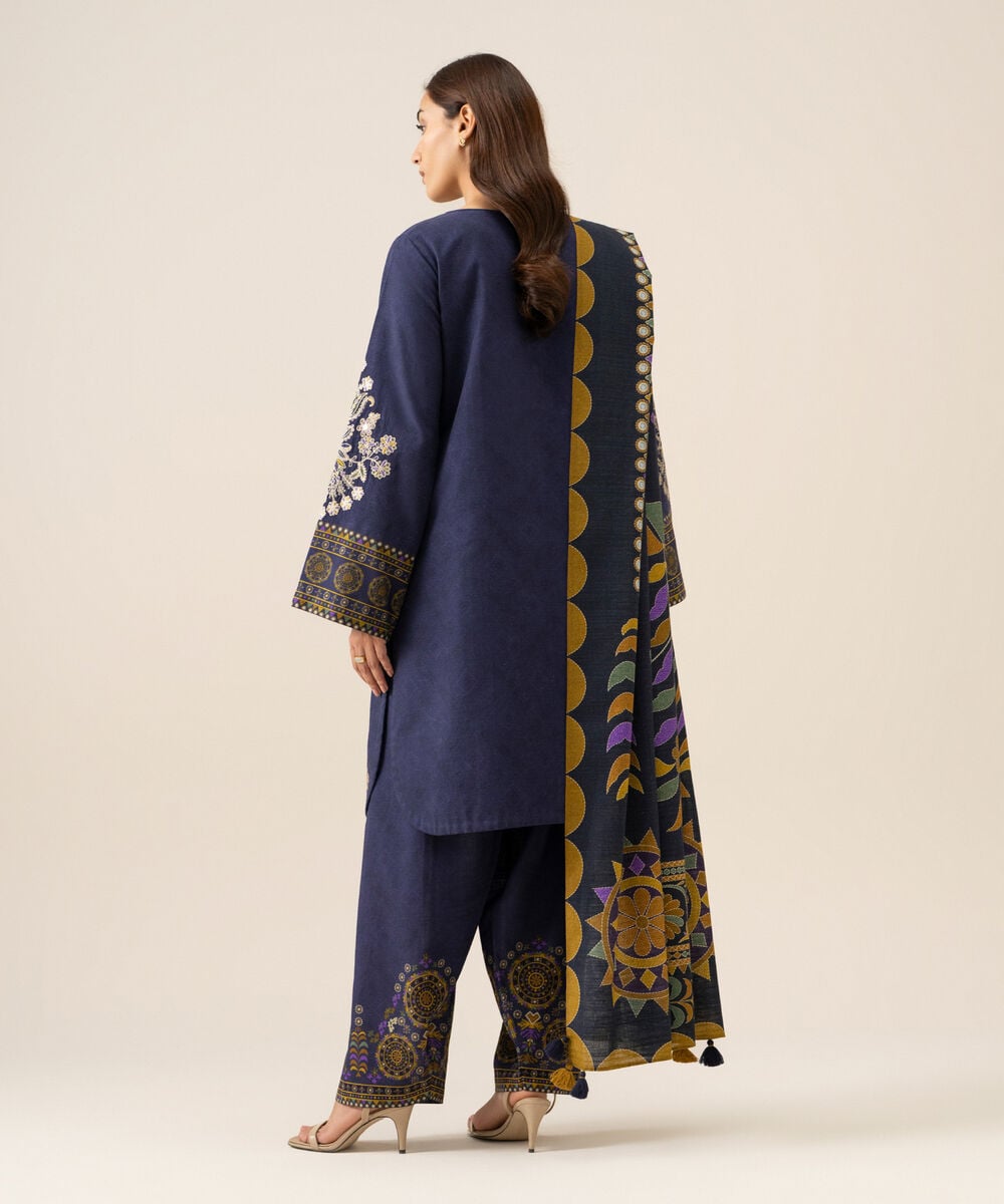 Women's Unstitched Light Khaddar Embroidered Blue 3 Piece Suit