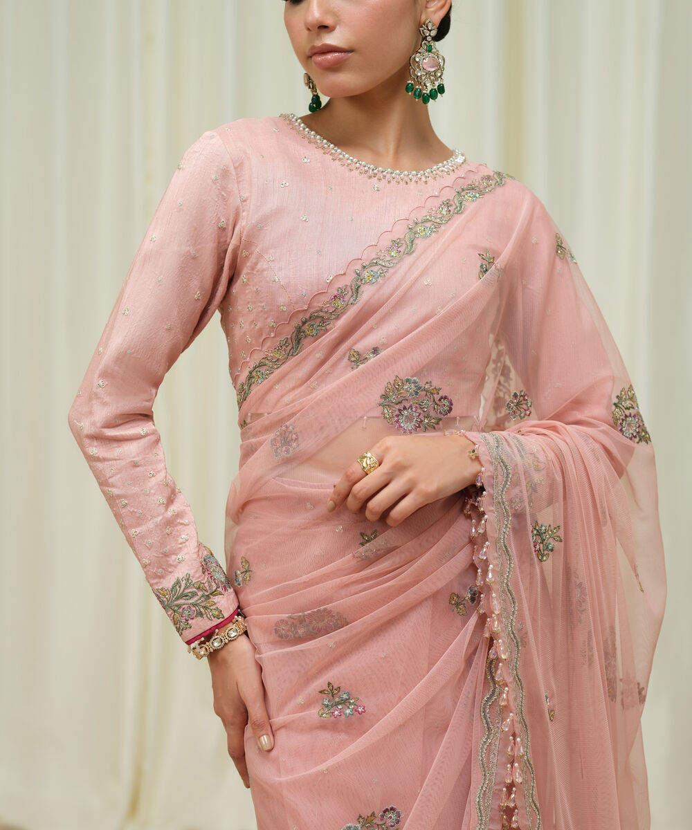 Women's Unstitched Embroidered Net Pink Saree