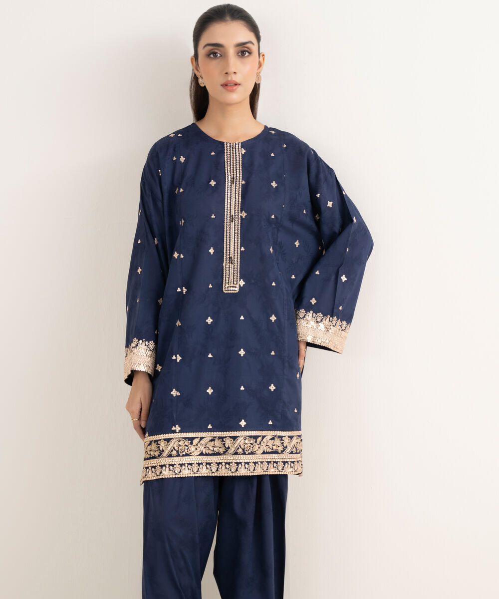 Women's RTW Self Jacquard Embroidered Straight Blue Shirt