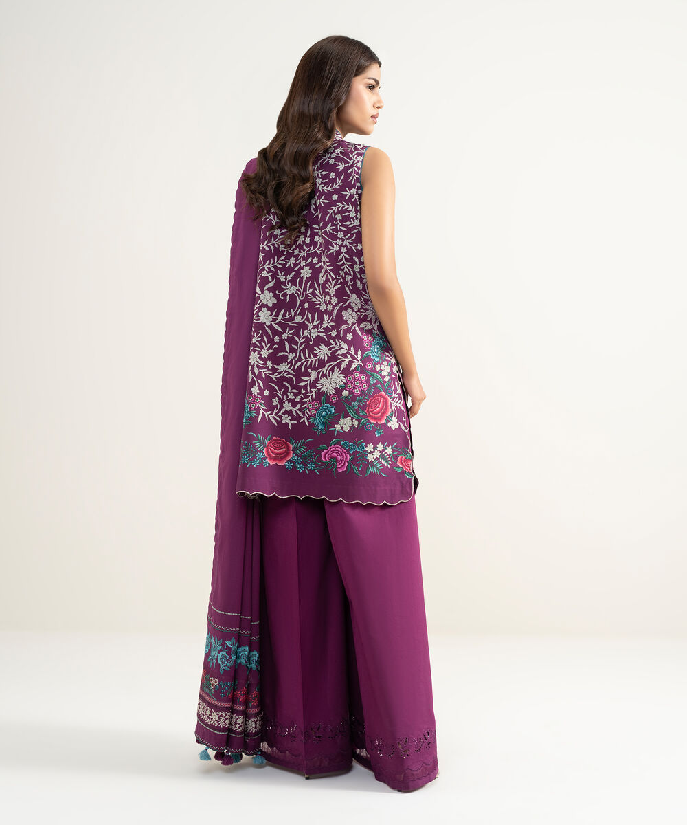 Women's Unstitched Lawn Embroidered Purple 3 Piece Suit