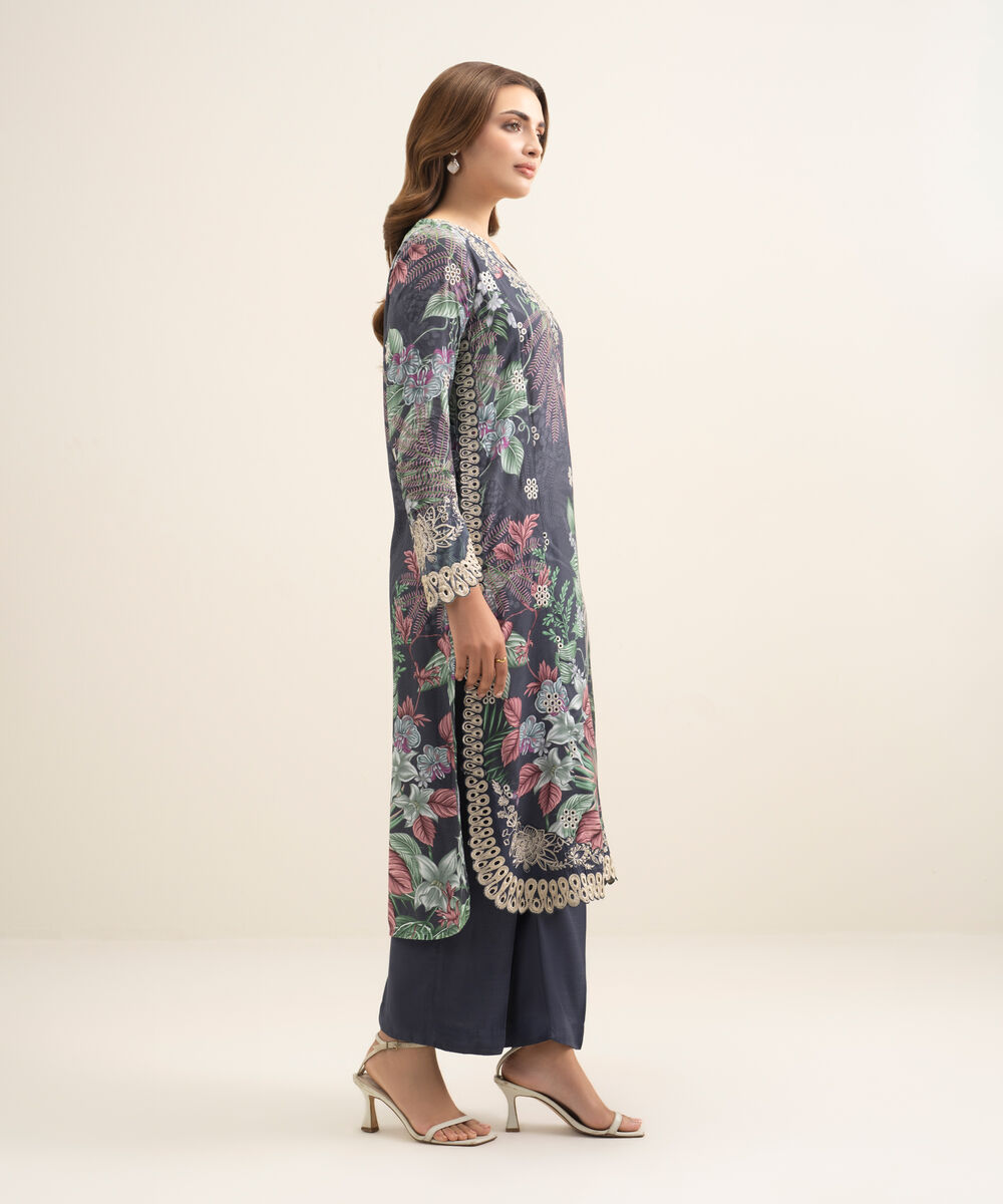 Women's RTW Viscose Raw Silk Embroidered Blue 2 Piece Suit