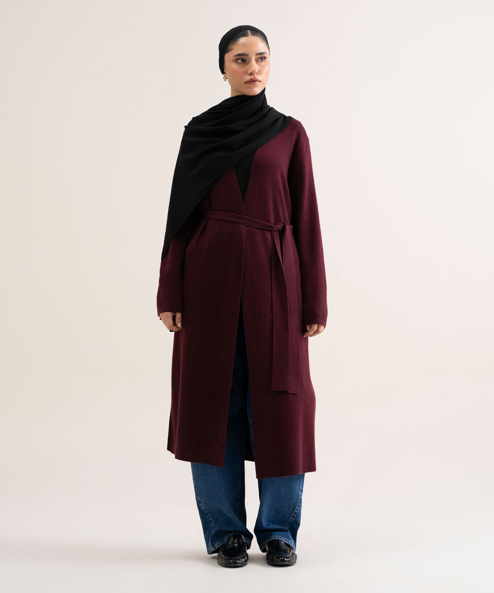 Women's Burgundy Solid Sweater-Knit Abaya Set