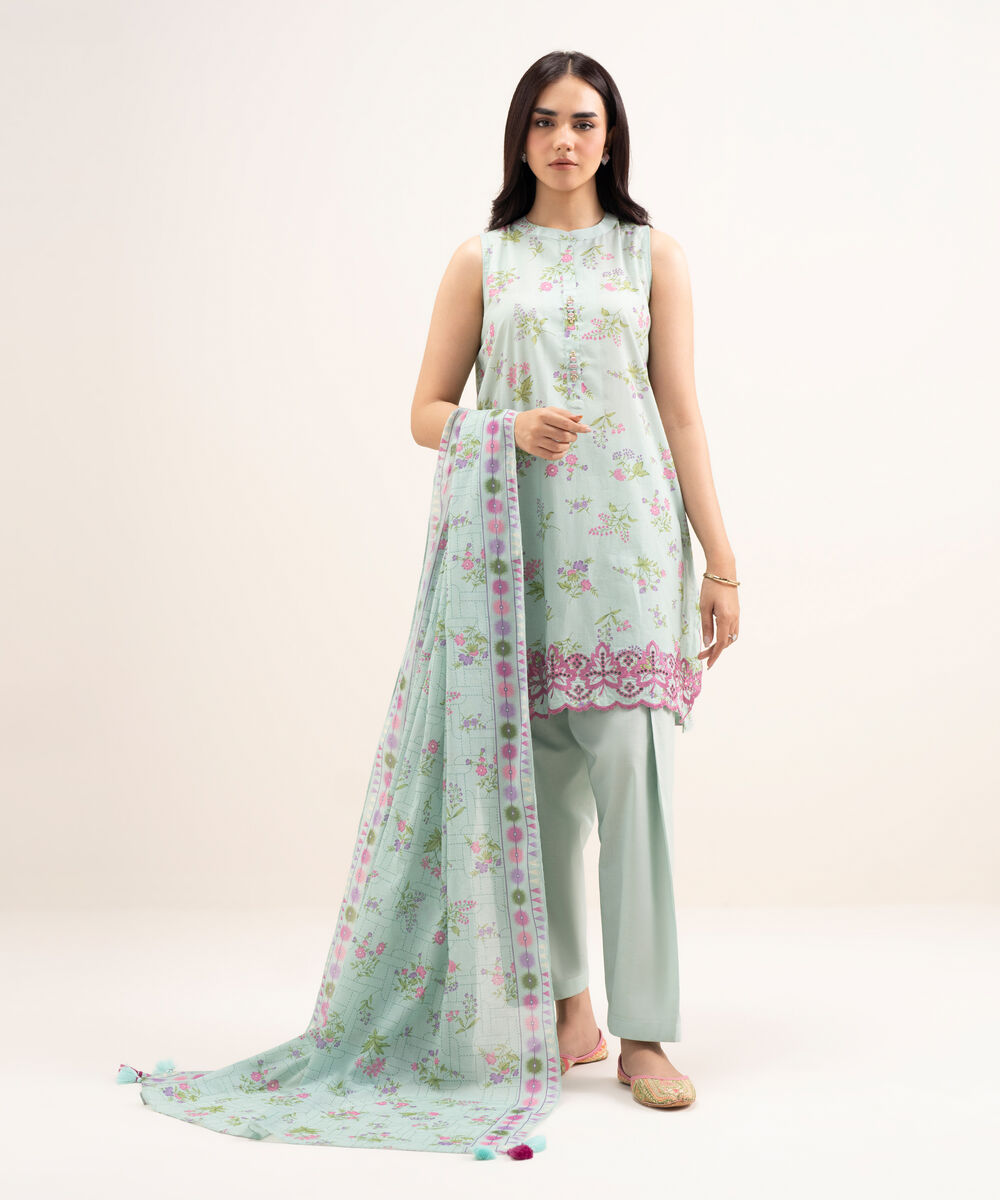 Women's Unstitched Lawn Embroidered Blue 3 Piece Suit