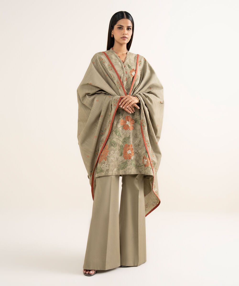 Women's Unstitched Cotton Jacquard Embroidered Beige 3 Piece Suit