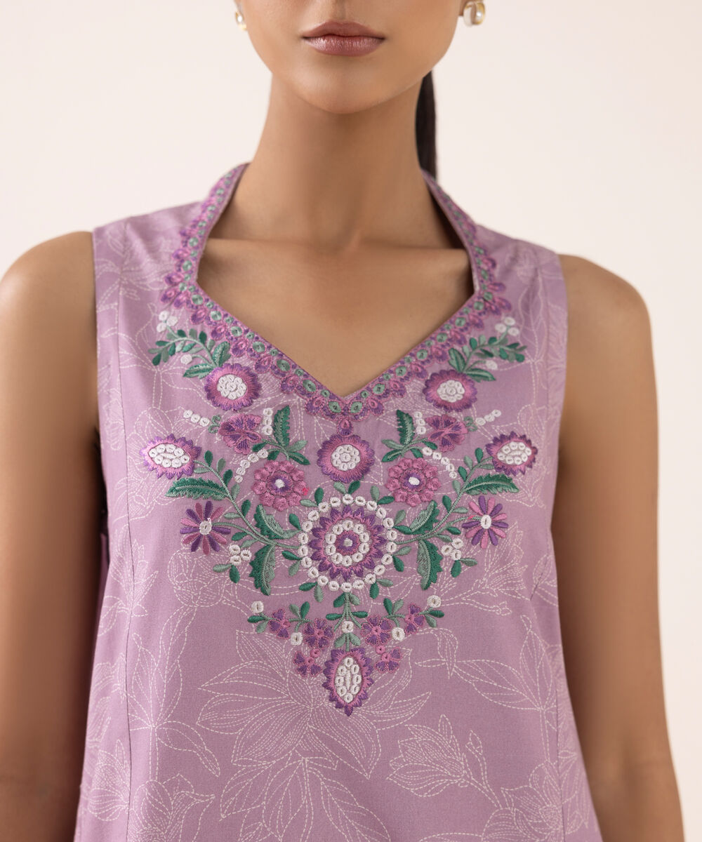 Women's Unstitched Cotton Embroidered Lilac Three Piece Suit