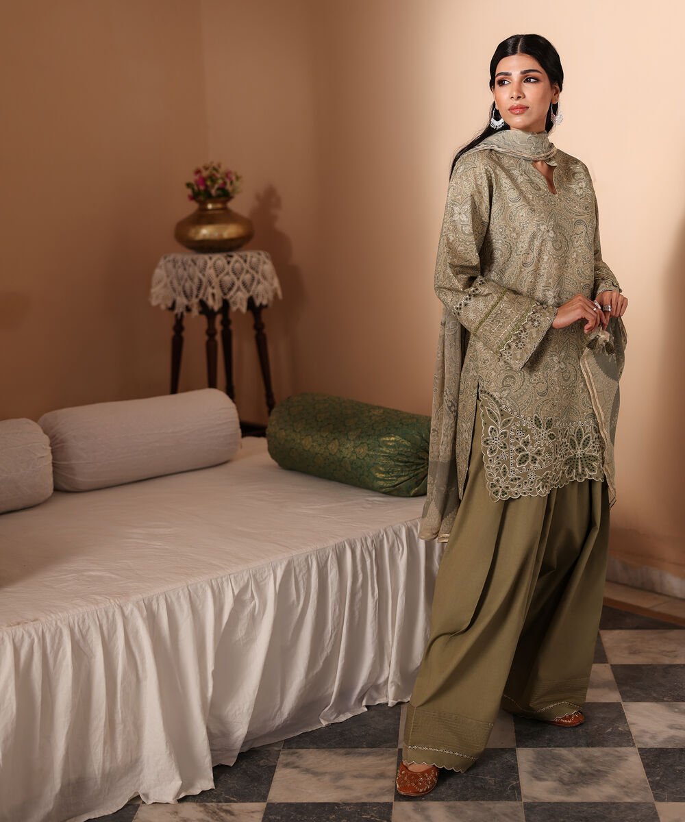 Women's Unstitched Zari Lawn Embroidered Beige 3 Piece Suit