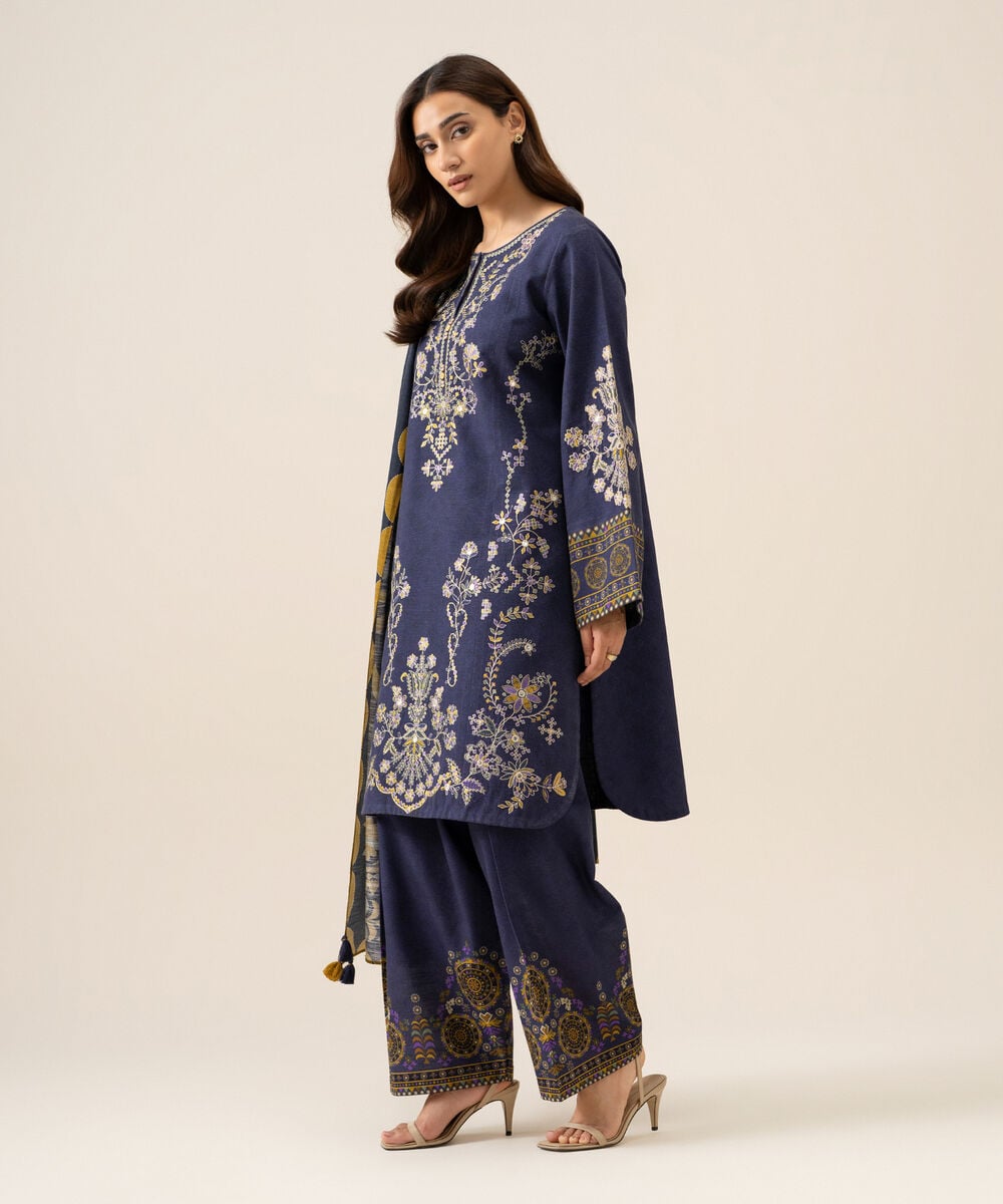 Women's Unstitched Light Khaddar Embroidered Blue 3 Piece Suit