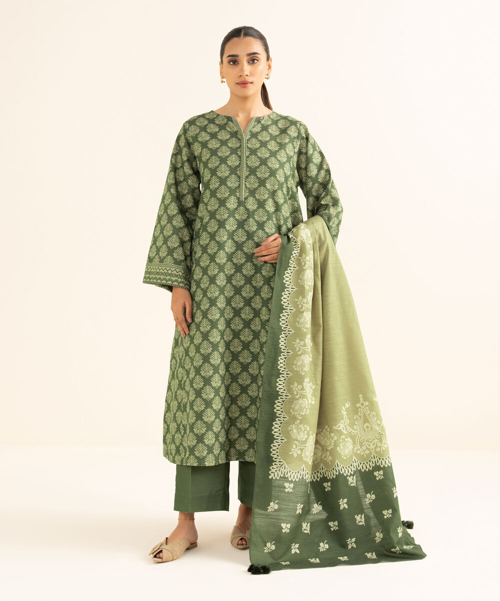 Women's Unstitched Light Khaddar Printed Green 3 Piece Suit