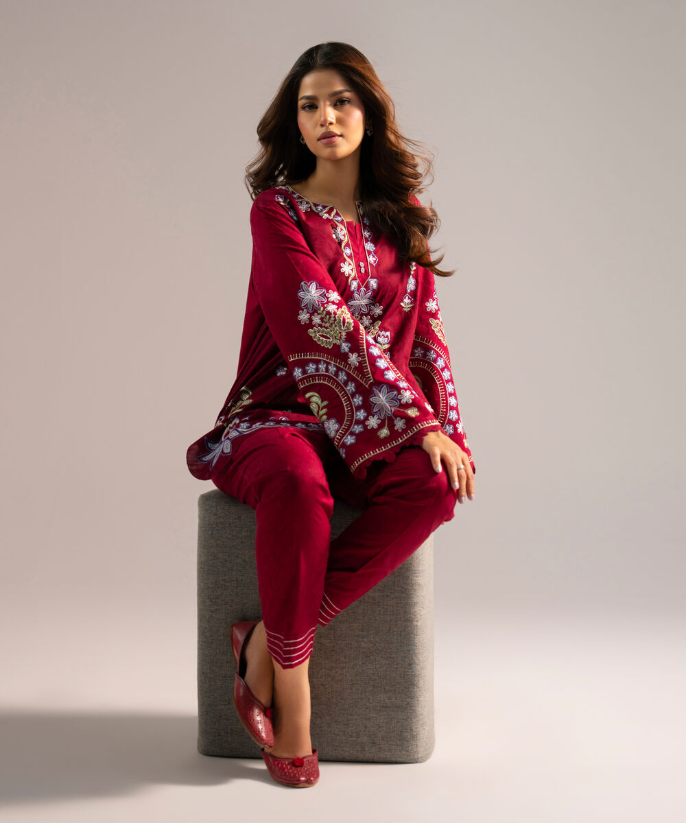 Women's RTW Self Jacquard Embroidered Red 2 Piece Suit