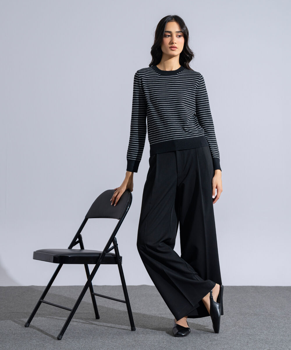 Women's Western Wear Black And White Striped Round Neck Knit Sweater