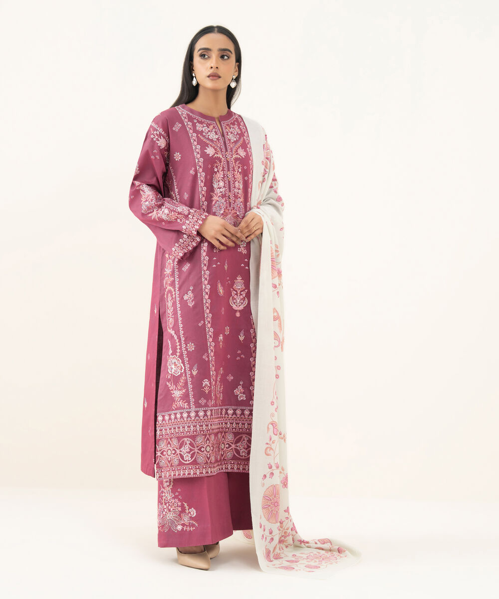 Women's Unstitched Embroidered Zari Khaddar Dark Tea Pink 3 Piece Suit