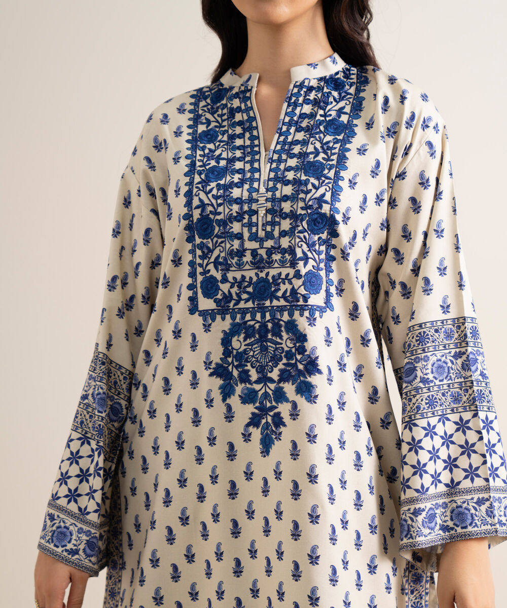 Women's Unstitched Embroidered Linen Offwhite 3 Piece Suit