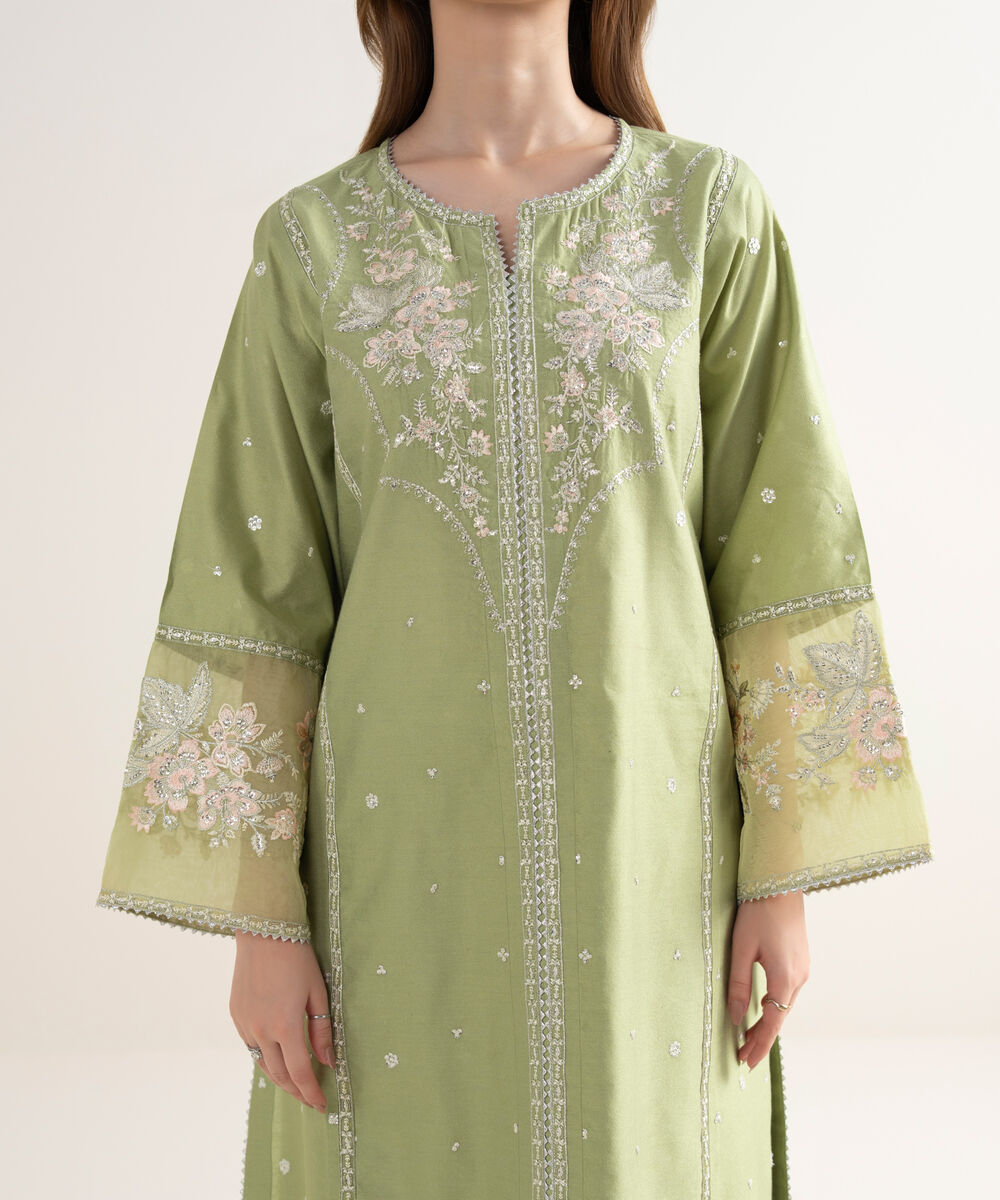 Women's RTW Blended Silk Cotton Net Embroidered Green Three Piece Suit
