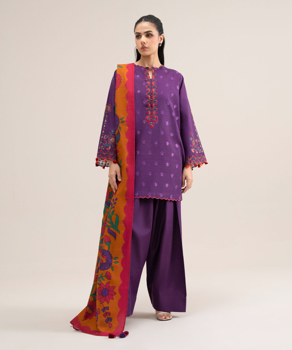 Women's Unstitched Premium Khaddar Embroidered Purple 3 Piece Suit