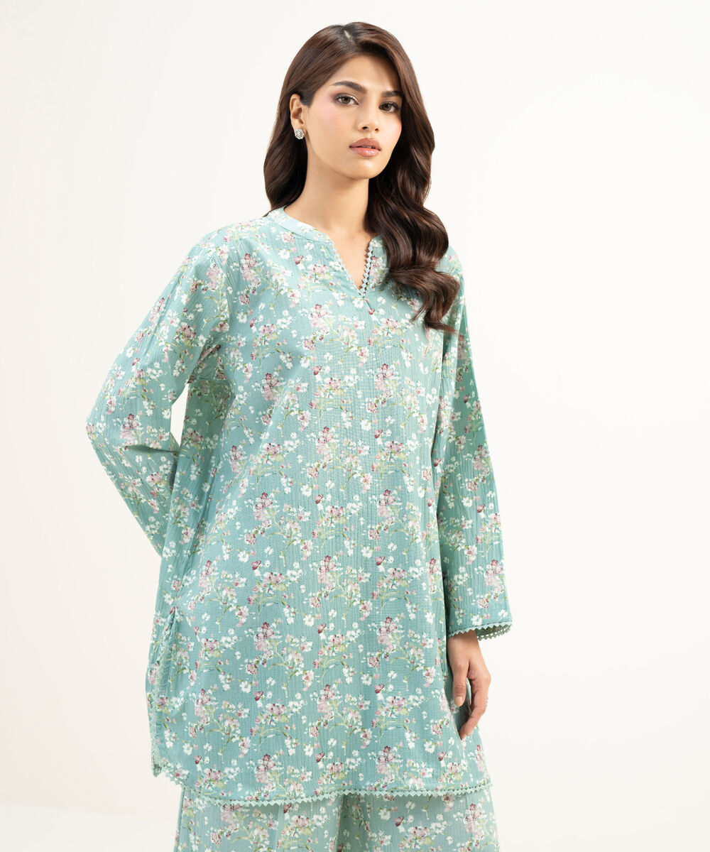 Women's RTW Seersucker Printed Dusty Mint Straight Shirt