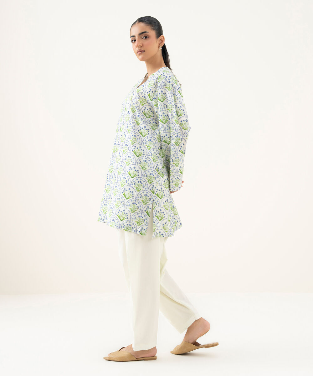 Women's RTW Cambric Printed Mint Green Straight Shirt