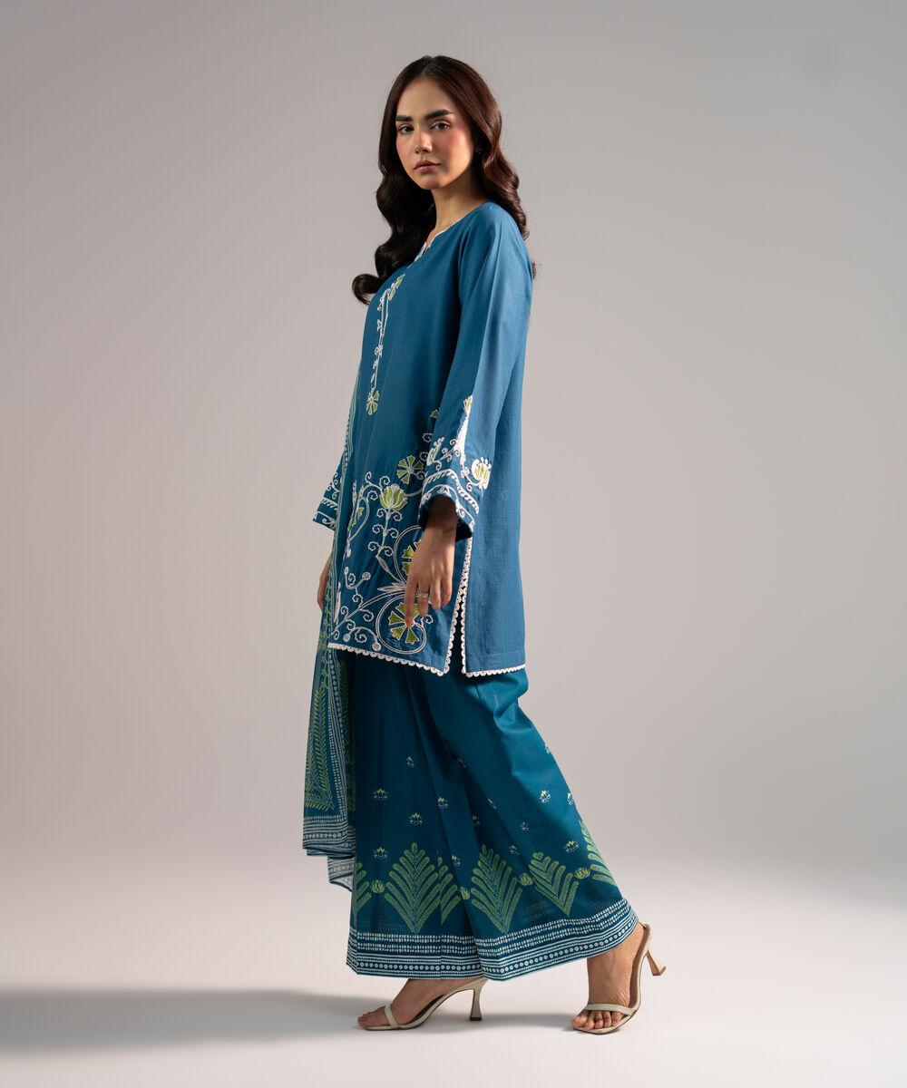 Women's RTW Dobby Embroidered Blue 3 Piece Suit