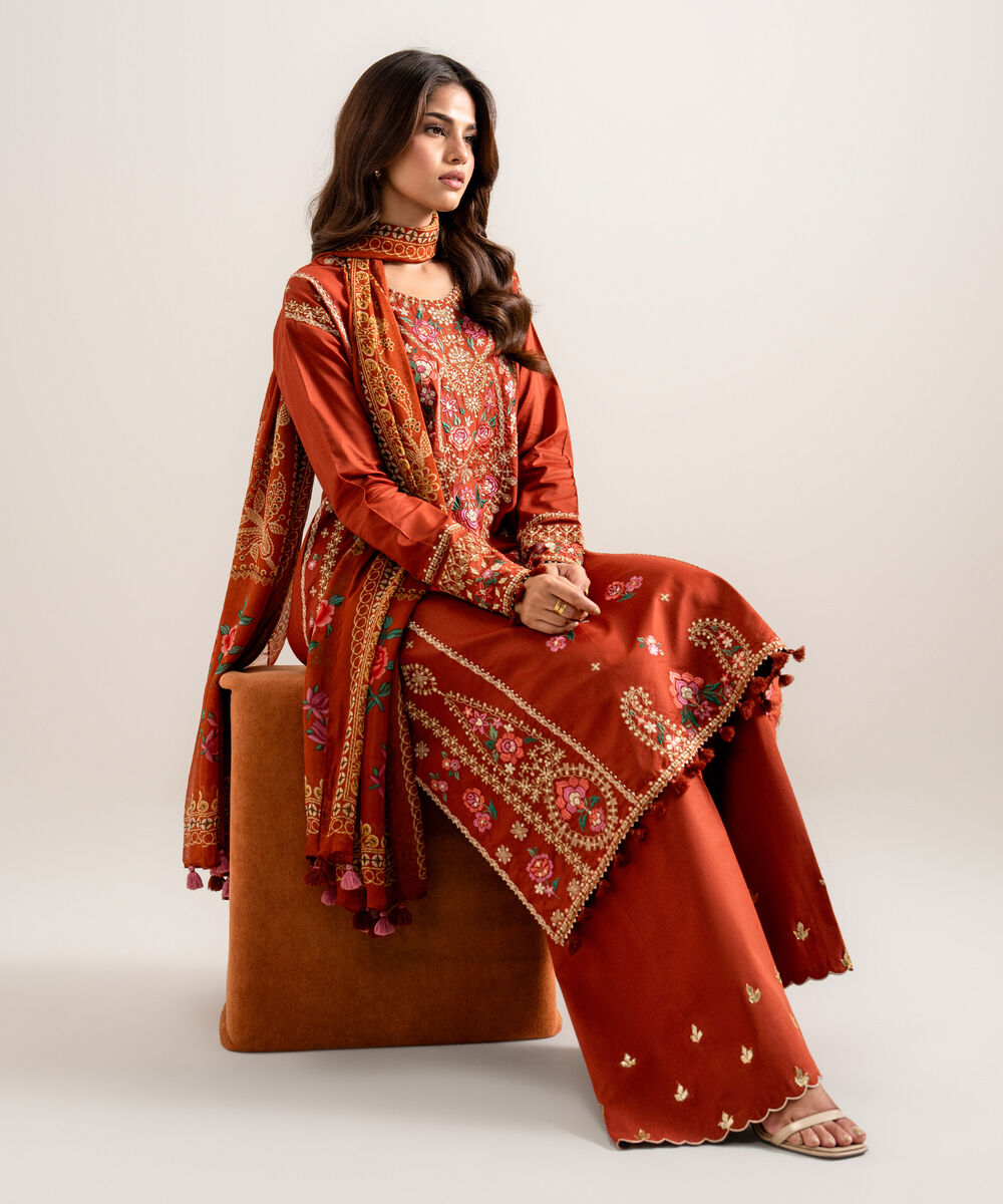 Women's Unstitched Embroidered Cotton Viscose Maroon 3 Piece Suit