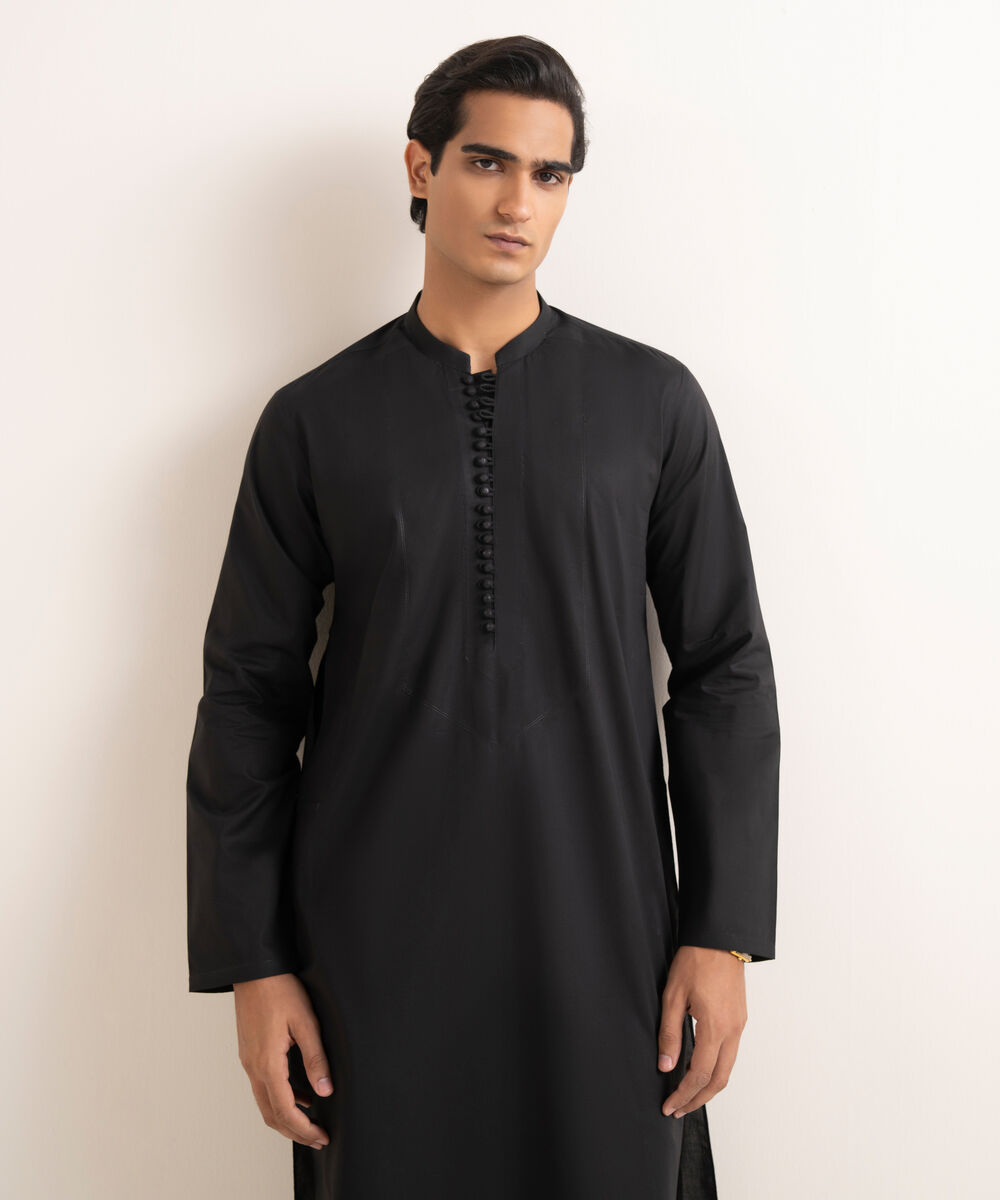 Men's Stitched 100% Cotton Black Kurta